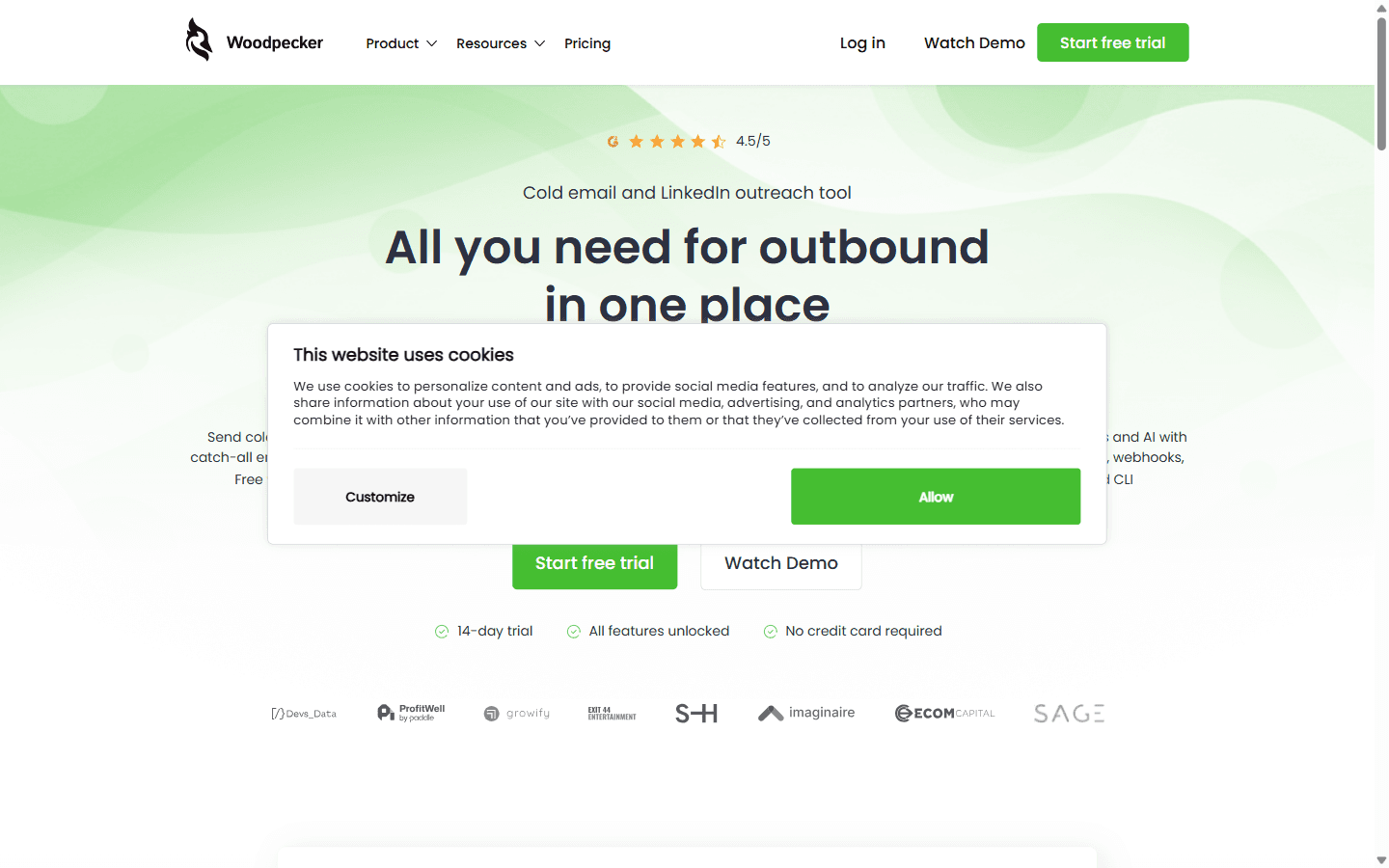 Woodpecker homepage advertising cold email, sales, and agency outreach tools